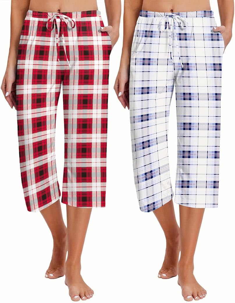 Ekouaer 2 Pack Women's Capri Pajama Pants Printed Drawstring Comfy Pj Bottoms With Pockets
