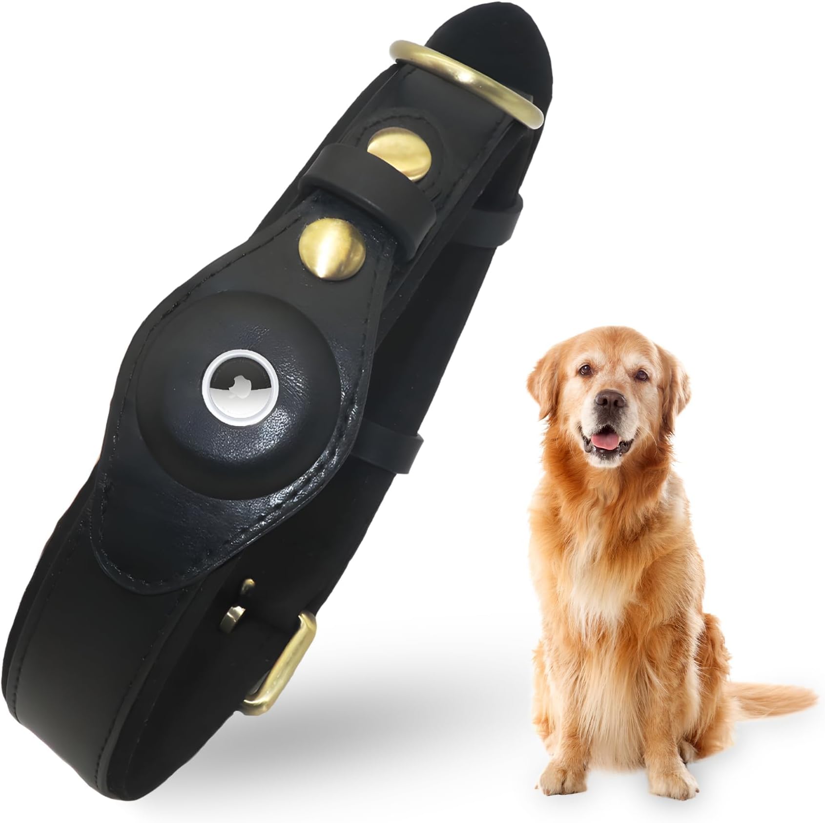 BON CHIENLuxurious Leather Dog Collar with Apple AirTag Holder - Premium Pet Accessory for Cats and Dogs - Stylish & Play-Proof Design - Secure Your Beloved Pets with Ease - Black (Large)
