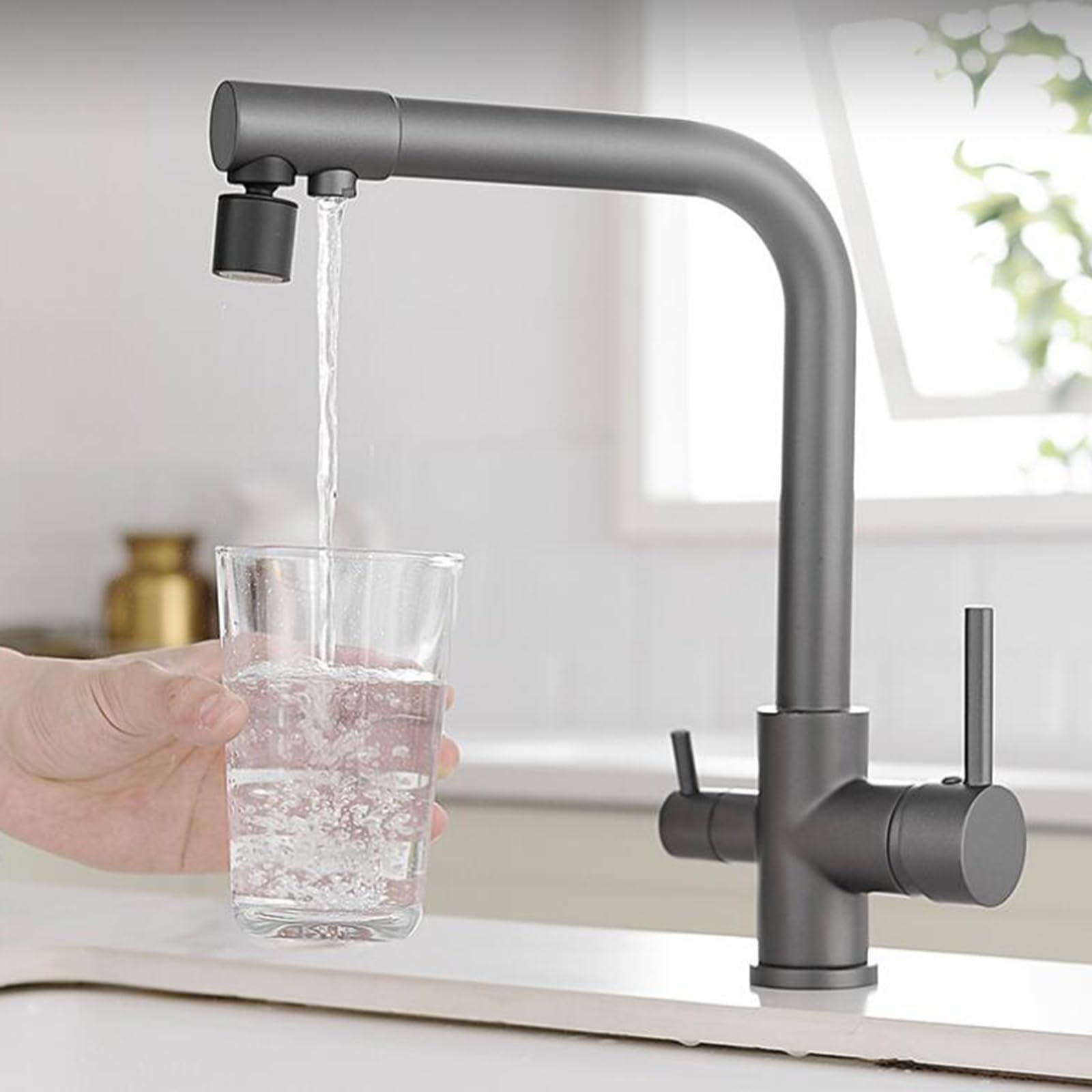 3 Way Kitchen Mixer Tap Gray Taps Brass Swivel-Grey