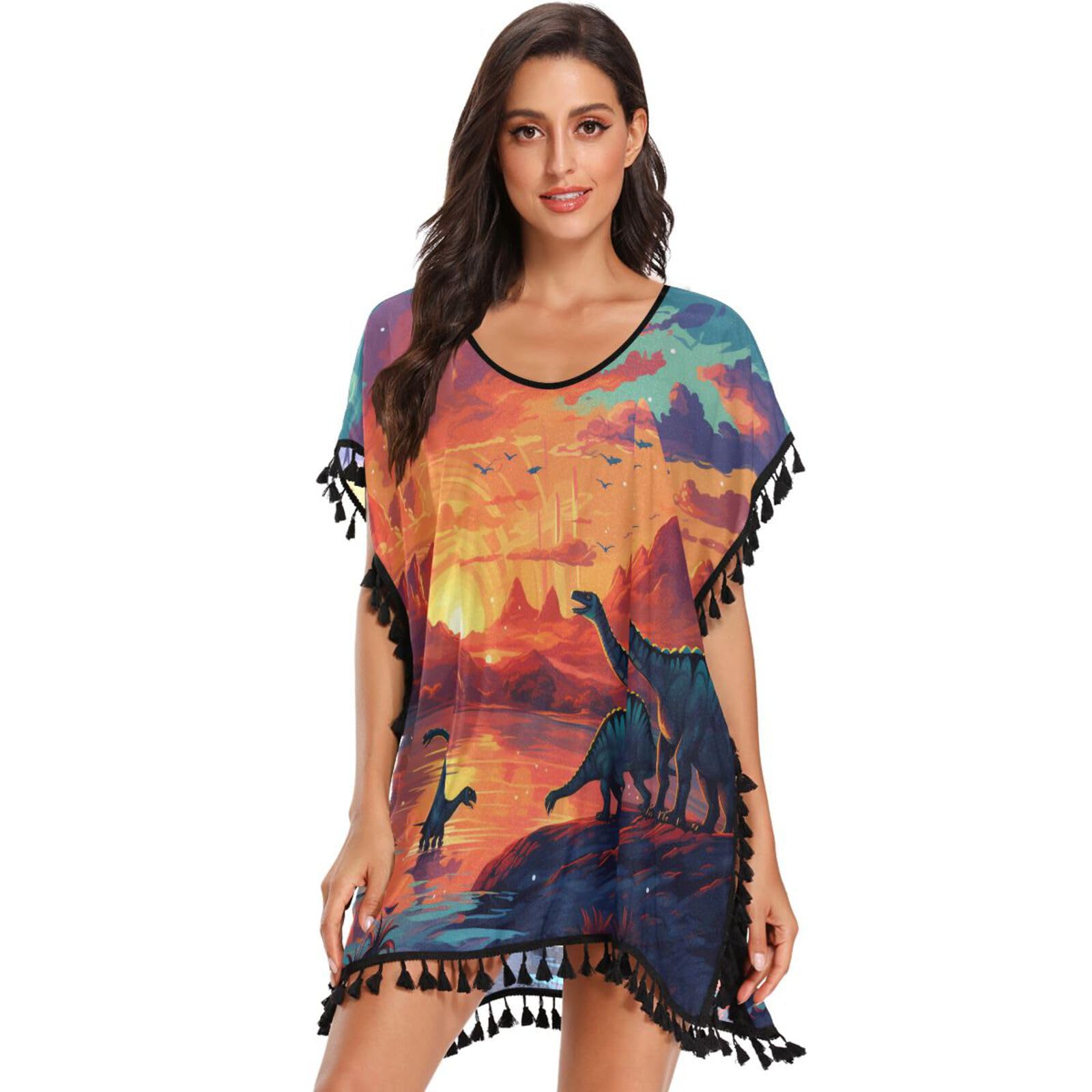 Sunset Gradient Art Dinosaurs Women's Beach Cover Up Chiffon Tassel Swimwear Swimsuit Coverups for Girl