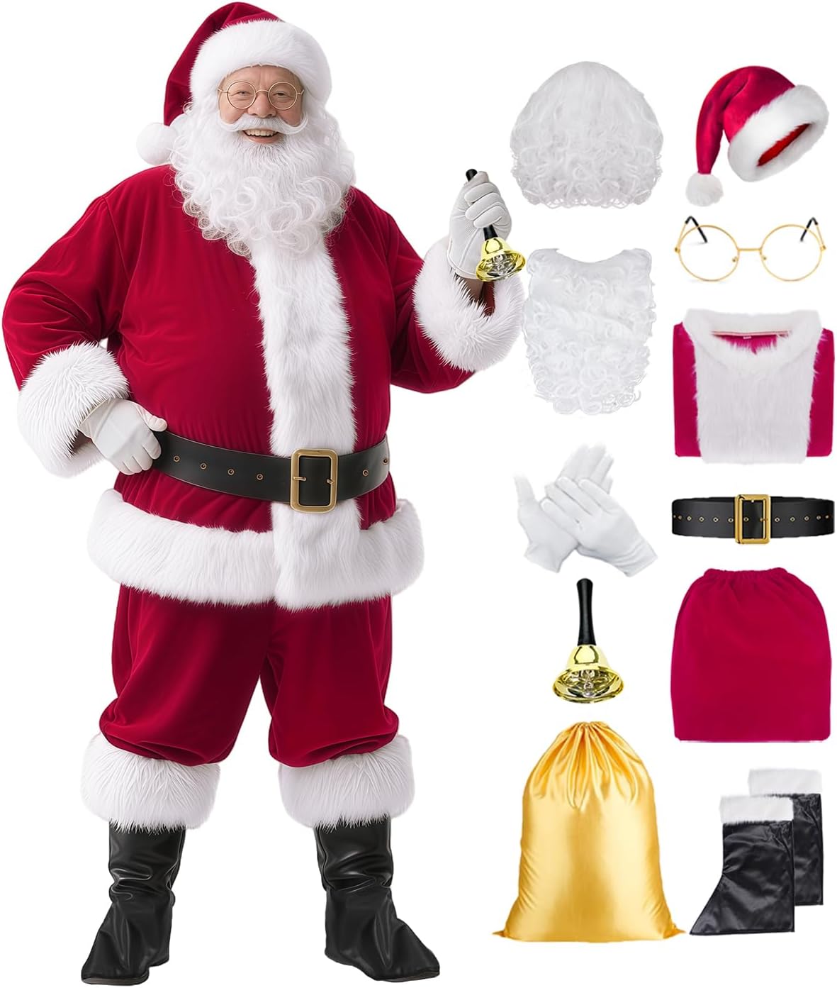 11pcs Santa Claus Costume for Men Women Adults Deluxe Santa Costumes Suit Outfit Christmas with Bell