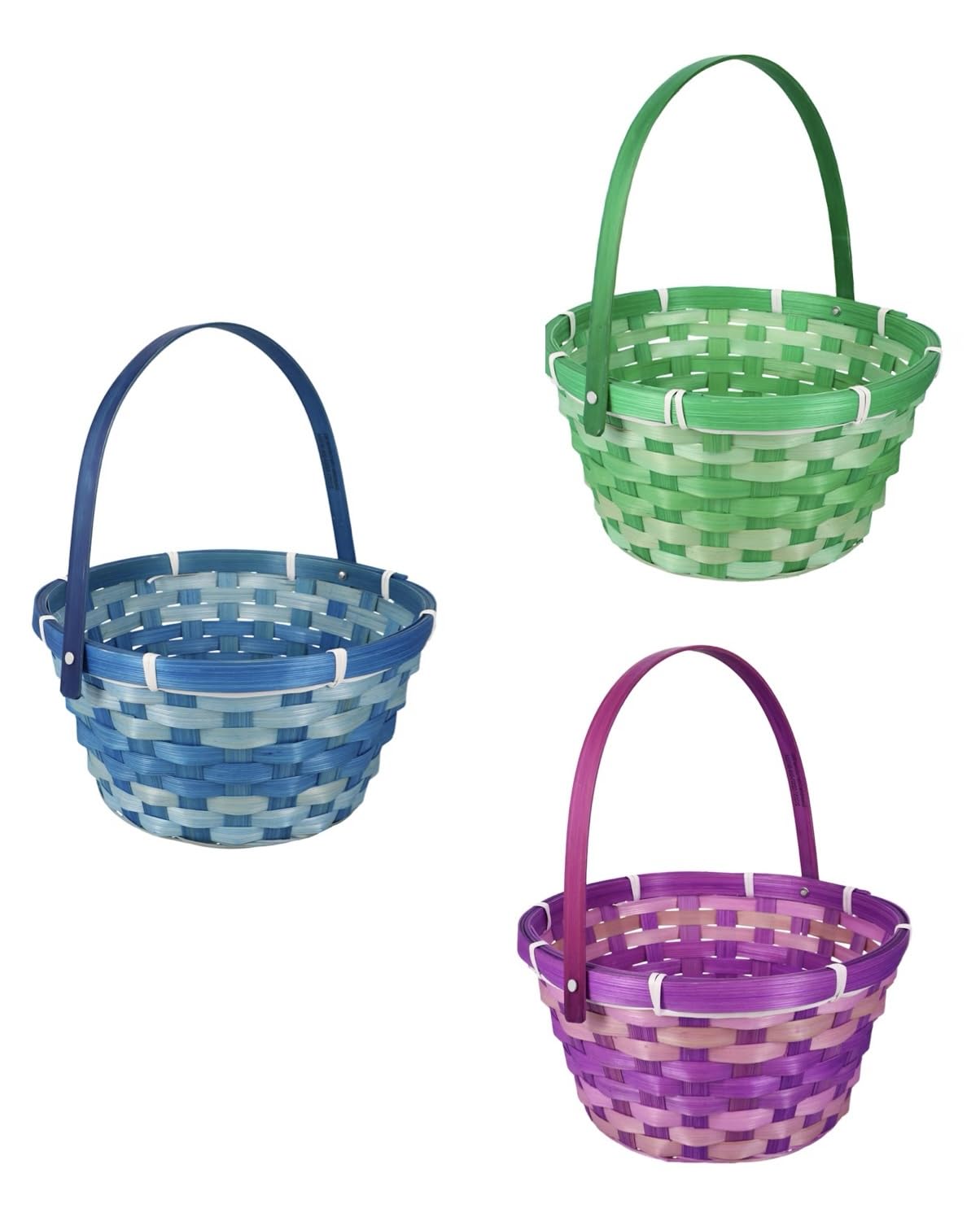 Woven Bamboo Round Hinged Handles Easter Basket Bright Assort Colors Set of 3 1Blue 1Green 1Purple Measures 10.2