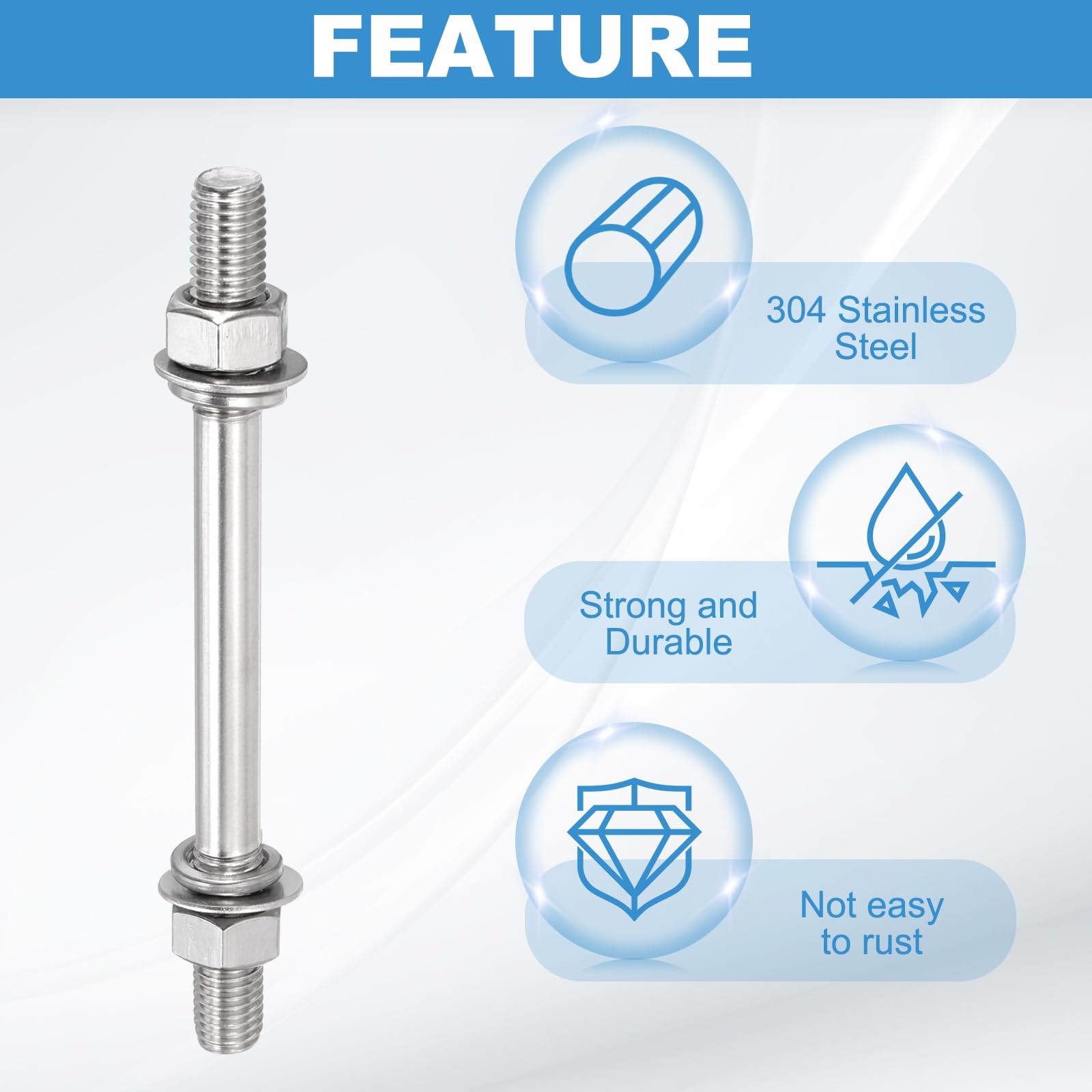 sourcing map Juego de 4 tornillos M8 x 110 mm de doble extremo, acero inoxidable 304 con arandela de tuerca para mantenimiento de la casa, tornillo de fijación de anclaje estructural