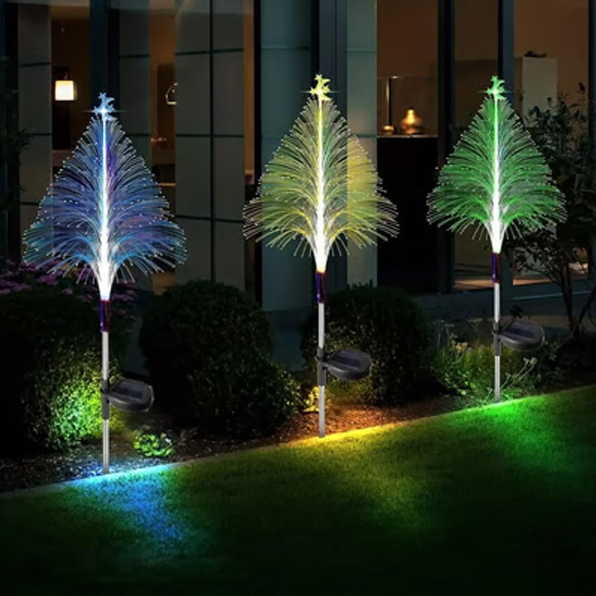 7 Color Changing Solar Christmas Trees Lights, Seven Colors Gradient Outdoor Waterproof Light with Star and Moon Decorations, Optical Fiber Lights for Outdoor Xmas Yard Garden Pathway Decor(3pcs)