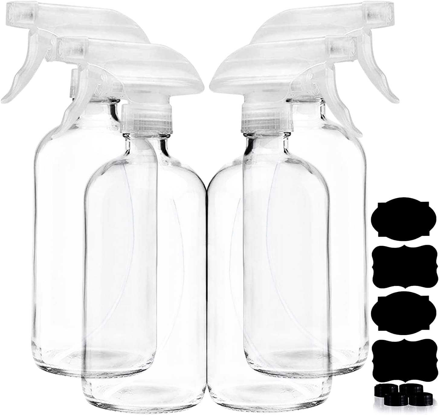 Clear Glass Spray Bottles For Cleaning Solutions (4 Pack) - 16 Ounce, Refillable & Reusable Sprayer for Essential Oil, Water, Kitchen, Hair. Durable Black Trigger Sprayer w/Mist and Stream Settings