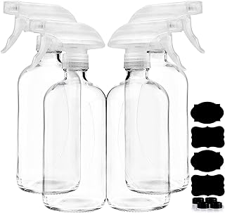 Clear Glass Spray Bottles For Cleaning Solutions (4 Pack) - 16 Ounce, Refillable Sprayer for Essential Oil, Water, Kitchen, Hair. Durable Black Trigger Sprayer w/Mist and Stream Settings (Clear)