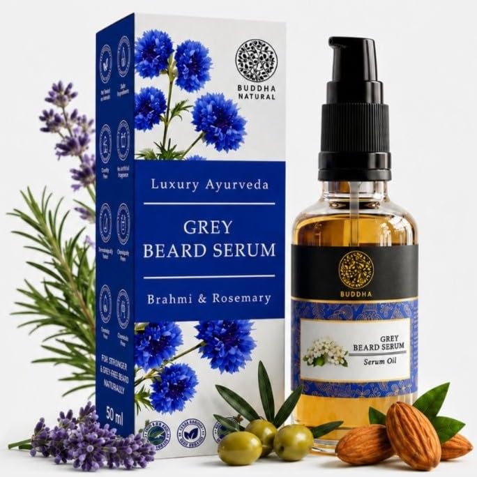 Image of Buddha Natural Grey Beard Serum Oil for Men | Helps Reduce Grey Beard Appearance & Supports Natural Black Beard Look | Beard Nourishing Serum with Argan, Brahmi & Castor | Non Sticky Beard Care Oil - 25ml