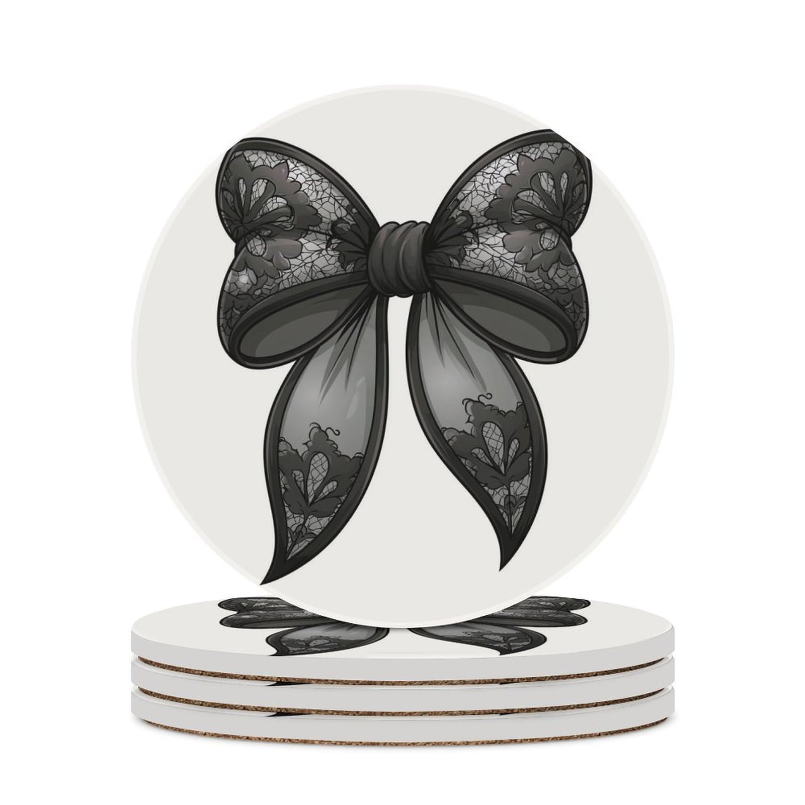 Black Lace Thick Coquette Bow Coasters Set of 4 Absorbent Coasters