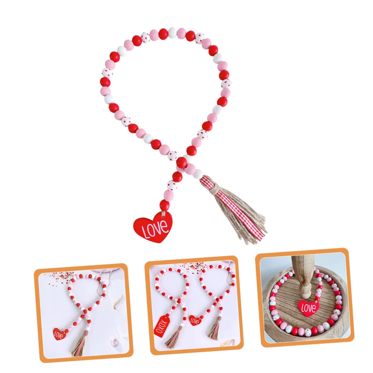 Ciieeo 4 Stück Holzperlen Zum Valentinstag Valentinstag- Bausatz Herz-anhänger Geburtstag Türdekoration Quastengirlande Armbänder Halskette Charme Glocke Lametta Reize Rot Hanfseil