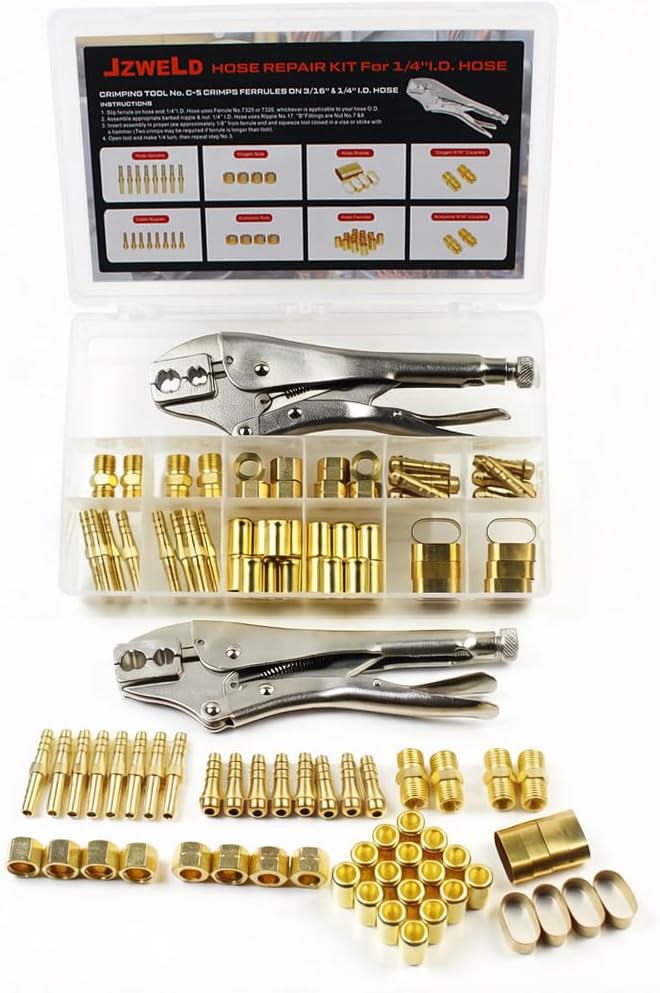 Hose Repair and Assembly Kits, 1/4" ID Torch Hose Repair Parts Kit, Oxygen Acetylene Welding Hose 'B' Size Fittings with Crimper, Welding Hose Repair and Installation Kit