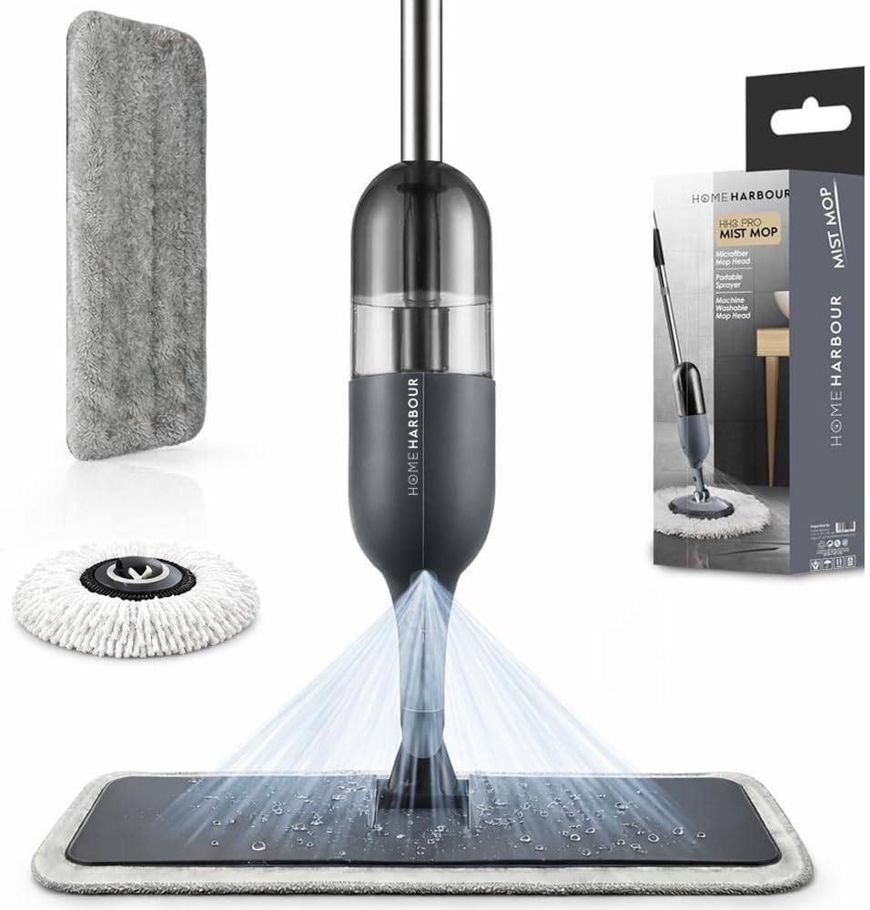 Home Harbour Grey Hh3 Pro Mist Mop | 360° Pivoting Spray Mop For Floors With Refillable 420Ml Tank, Flat & Round Head, Microfibre Pads & Window Cleaner Attachment | All-In-One Floor & Glass Cleaning Kit