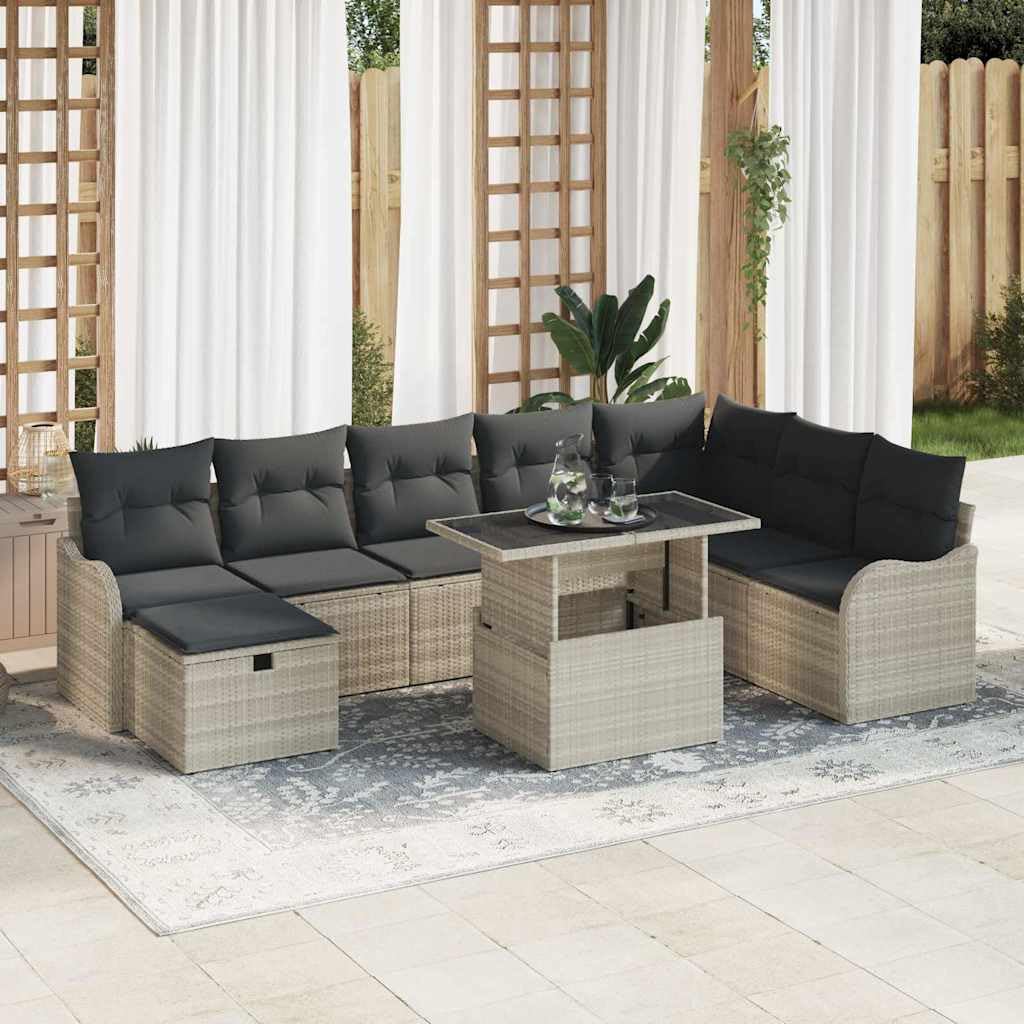 Modułowa sofa z polirattanu, 9-częściowy, jasnoszary, z poduszkami, do ogrodu lub na balkon, składający się z sof pod ręką, środkowych siedzeń, narożników, podnóżków i stołu szklanego o