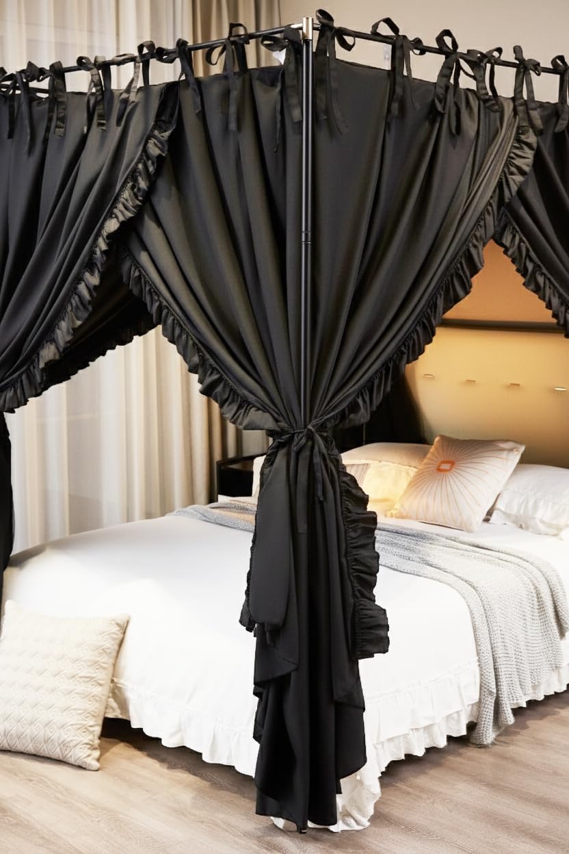 Akiky Canopy Bed Curtains with Top Ties Elegant Bed Canopies Private Space Curtains LightProof Drapes Bedroom Decoration Accessories for Adults(Black,Queen)
