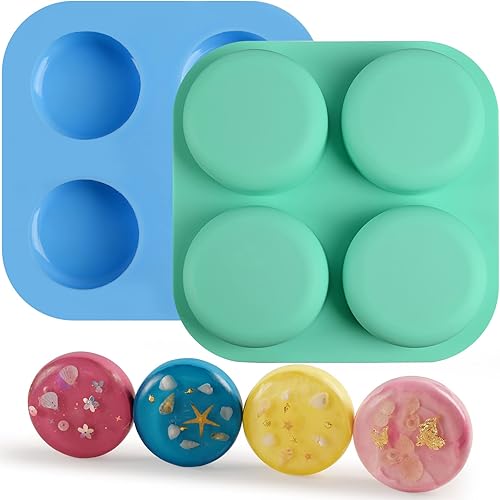 Sakolla Paquete de 2 moldes de jabón de silicona redondos de 4 cavidades cilíndricas hechas a mano para hacer jabón, bombas de baño, vaporizador de