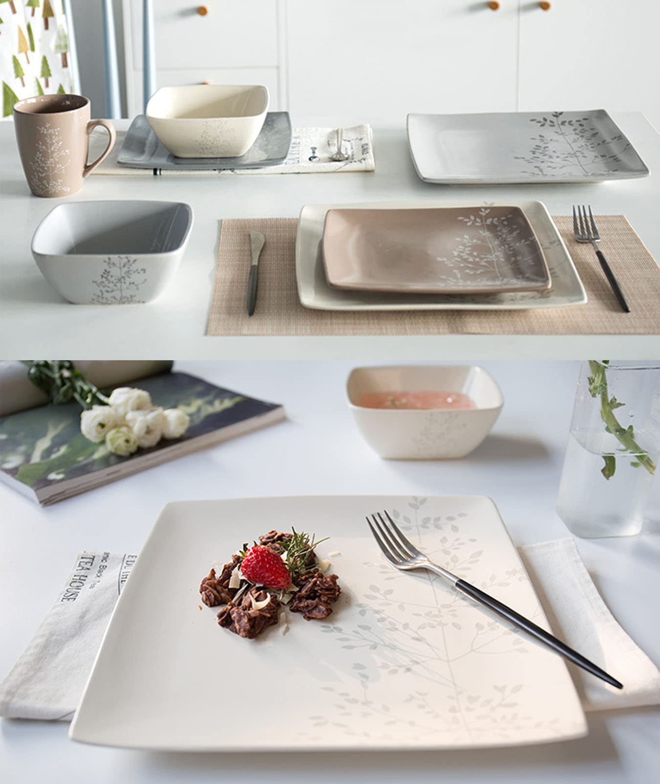 Quadratisches Steingut-Geschirrset Für 4 Personen, Porzellan-Geschirrset, 4 Speiseteller, 4 Salatteller, 4 Schüsseln, 4 Becher, Keramikgeschirr-Set, Geeignet Für Zuhause, Garten, Picknick Und Partys