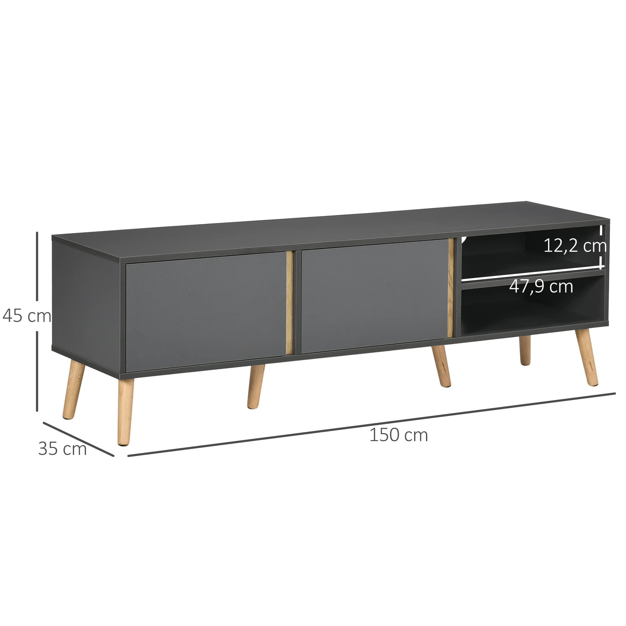 HOMCOM Mobile TV Design scandinavo 55 pollici 150 x 35 x 45 cm, grigio scuro | Panca TV, 2 porte, 2 nicchie, con passacavi, per TV fino a 55 pollici