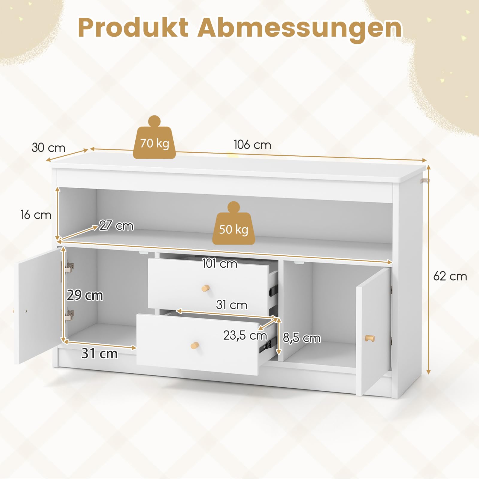 COSTWAY Spielzeugschrank Kinder, Kinderregal aus Holz, Kinderschrank mit 2 Schubladen & 2 Türen, Spielzeug-Organizer Aufbewahrungsschrank für Kinderzimmer, Schlafzimmer, 106 x 30 x 62 cm (Weiß)