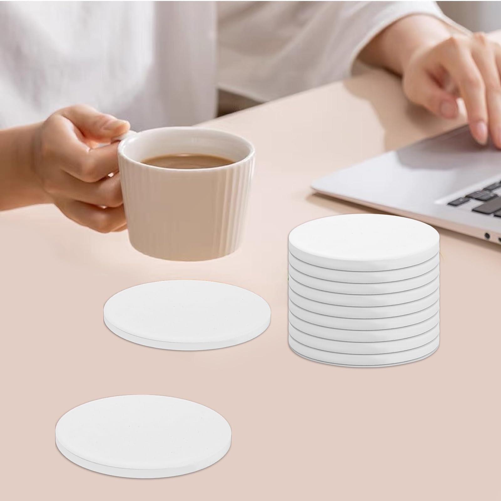 APACALI Set di 25 sottobicchieri in ceramica, 10 x 10 cm, con piastrelle in ceramica, rotondi in ceramica con retro in sughero, sottobicchieri vuoti per sublimazione, per pittura artistica e fai da