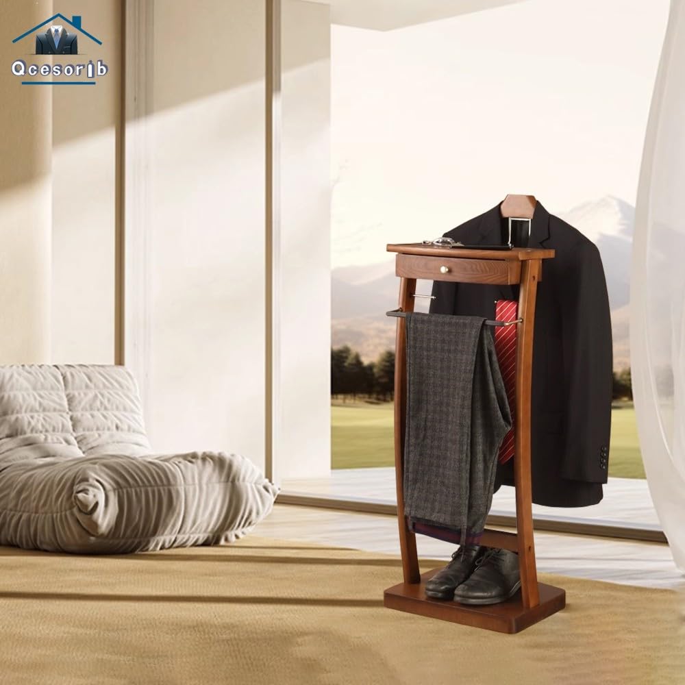 Servomuto con pantaloni e cravatte, in legno massello, appendiabiti da pavimento con cassetto e vassoio, per ufficio, camera da letto, bagno