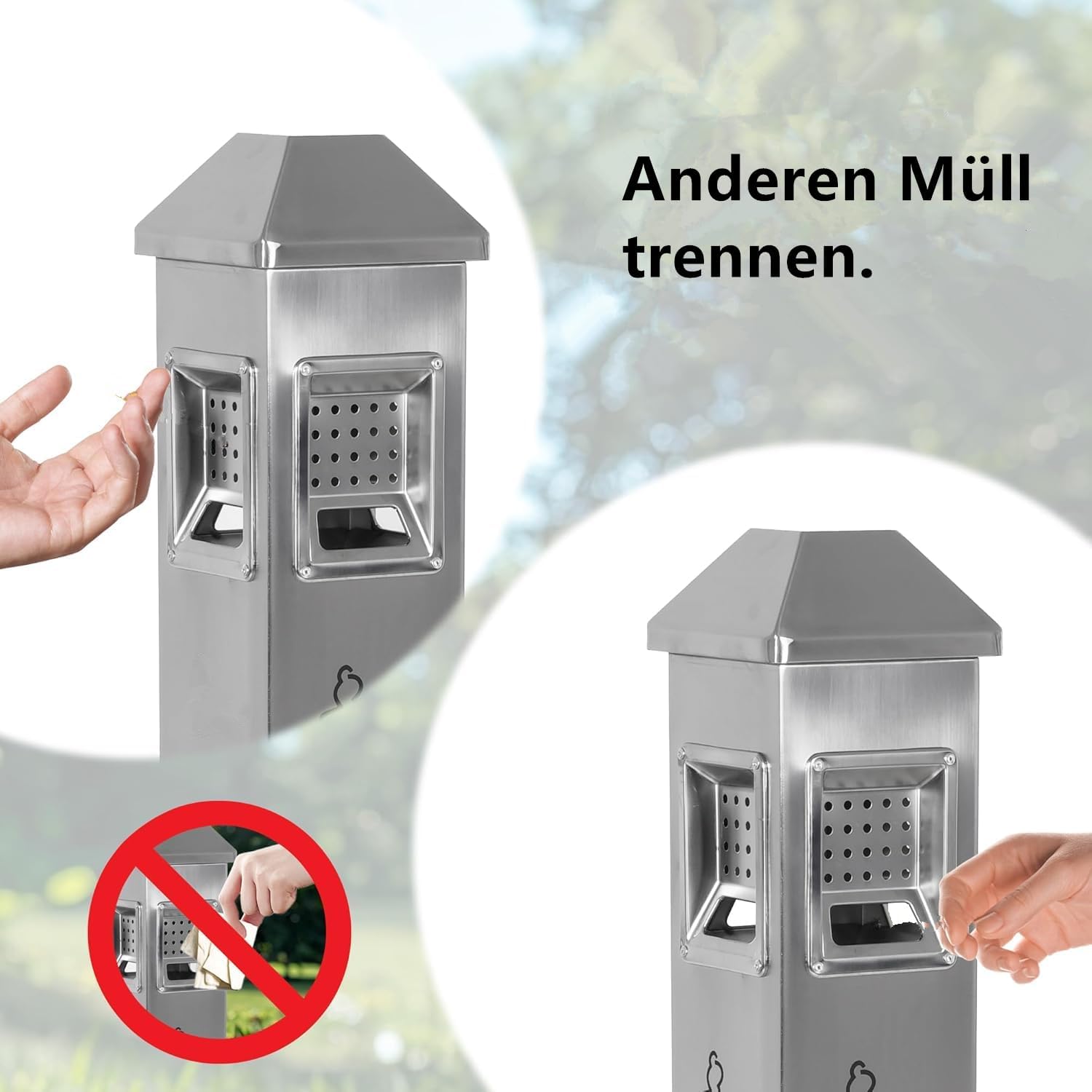 Cubo de basura vertical de acero inoxidable con 4 entradas, 120 cm, para exteriores, con cierre