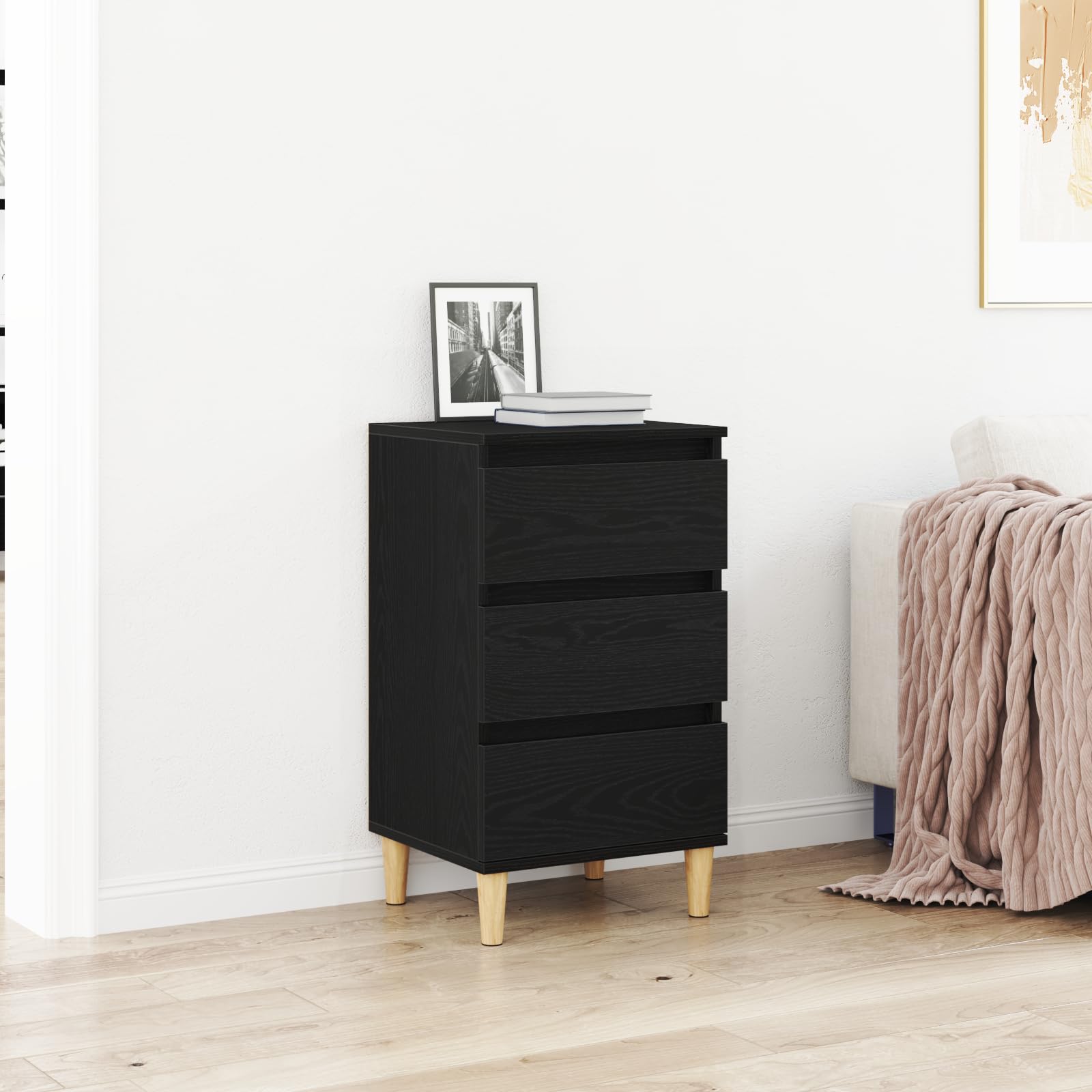 Moderner Nachttisch mit 3 Schubladen in schwarzem Eichenfinish - Robuster Holzwerkstoff, minimalistisches Design und praktischer Stauraum für Schlafzimmer, Wohnzimmer und Büro