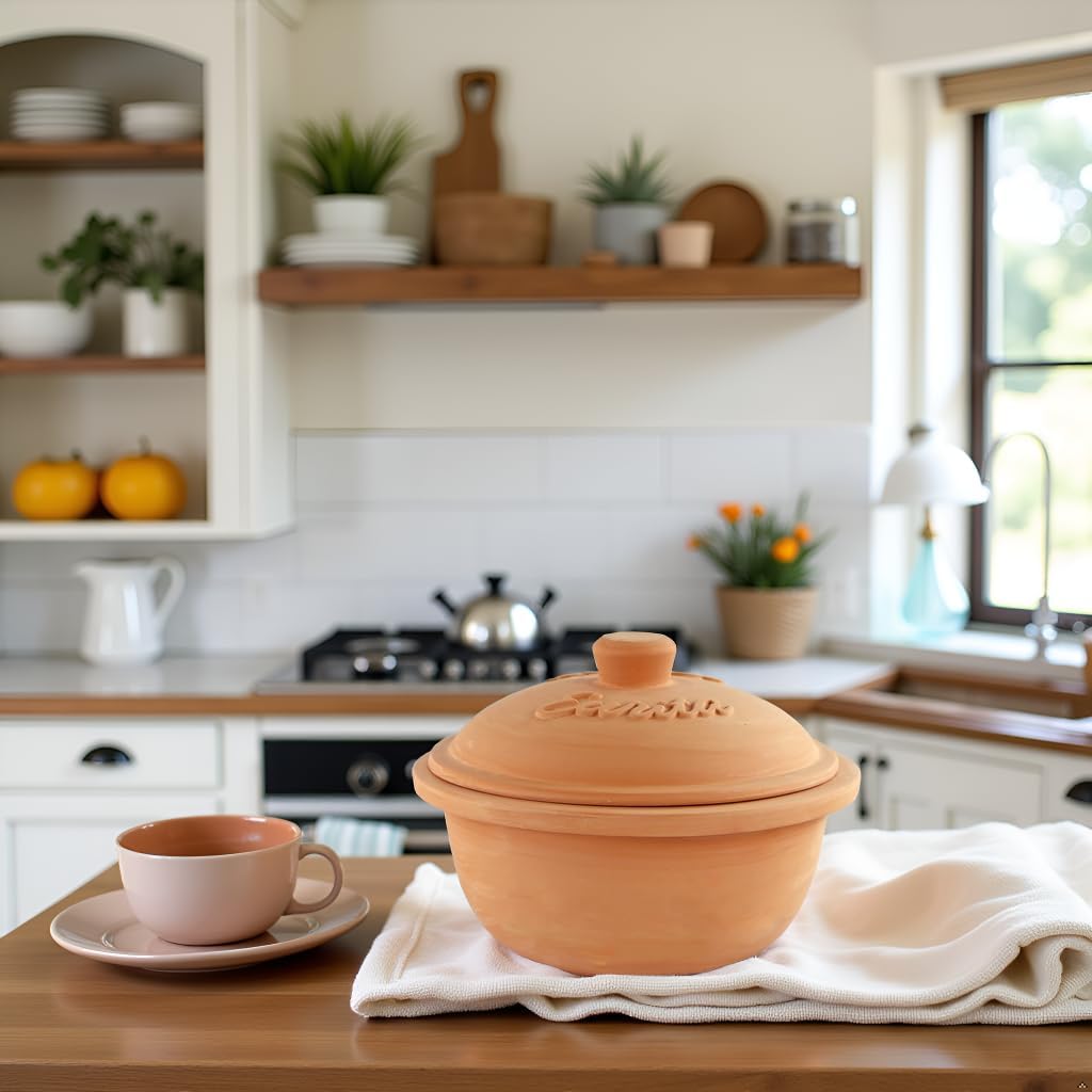 Reston Lloyd Eurita 2 Quart Terracotta Clay Dutch Oven – Natural, Lead‑& Cadmium‑Free, Oven & Microwave Safe, Rustic Slow-Cooker Pot for Sourdough Bread, Roasting & Casseroles, Healthy cooking