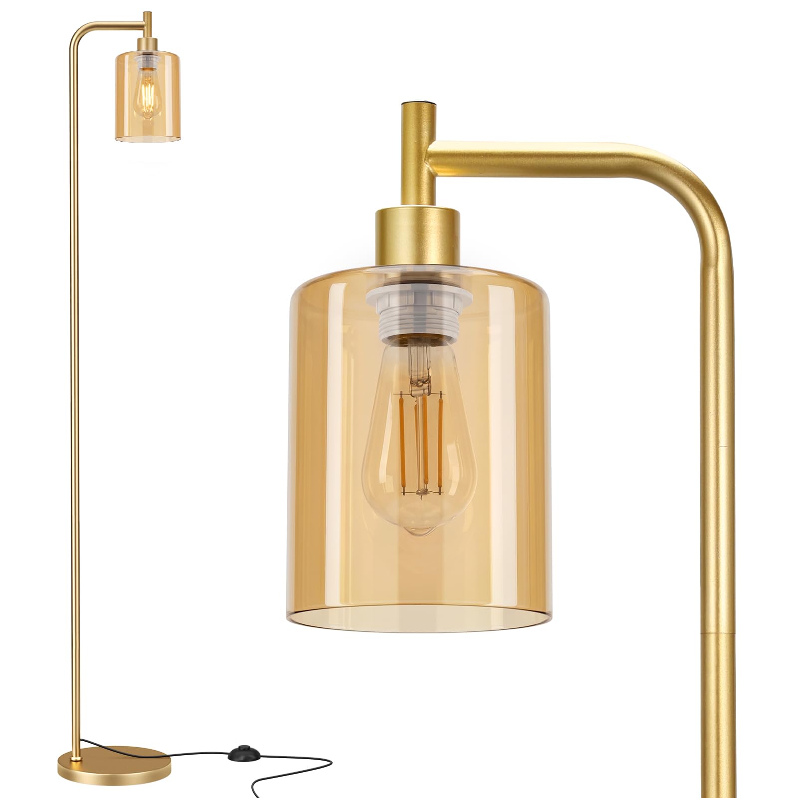 PreeOtti Gold Floor Lamp, Amber Glass Shade, 64.6" Industrial Standing Lamp