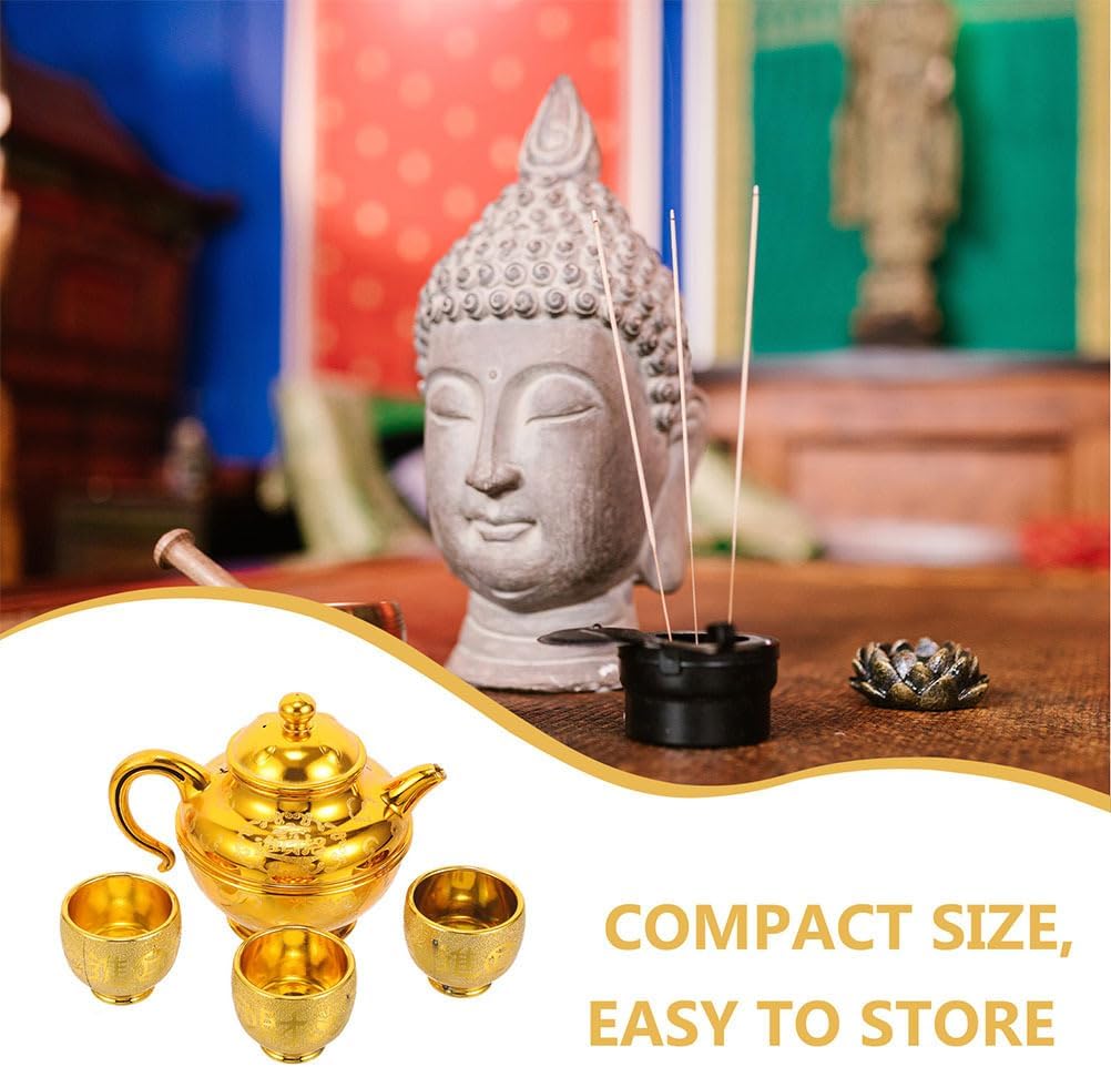 VOSAREA Sand Gold Teapot Flat Cup Set for Temple Offering Holy Water Buddhist Worship Tea Cups Decorative Offering Cups for Household and Religious Use
