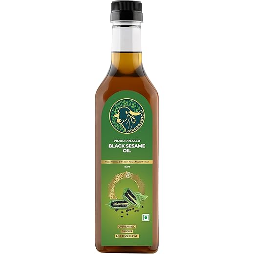 GirOrganic Wood Pressed Black Sesame Oil - 1 litre (PET Bottle) | Unrefined/Unfiltered Cold Pressed Virgin Oil | Kacchi Ghani/ Gingelly Oil | Chemical Free & Natural | Sesame Oil for Cooking | Gopal Ratna Award Winner 2023
