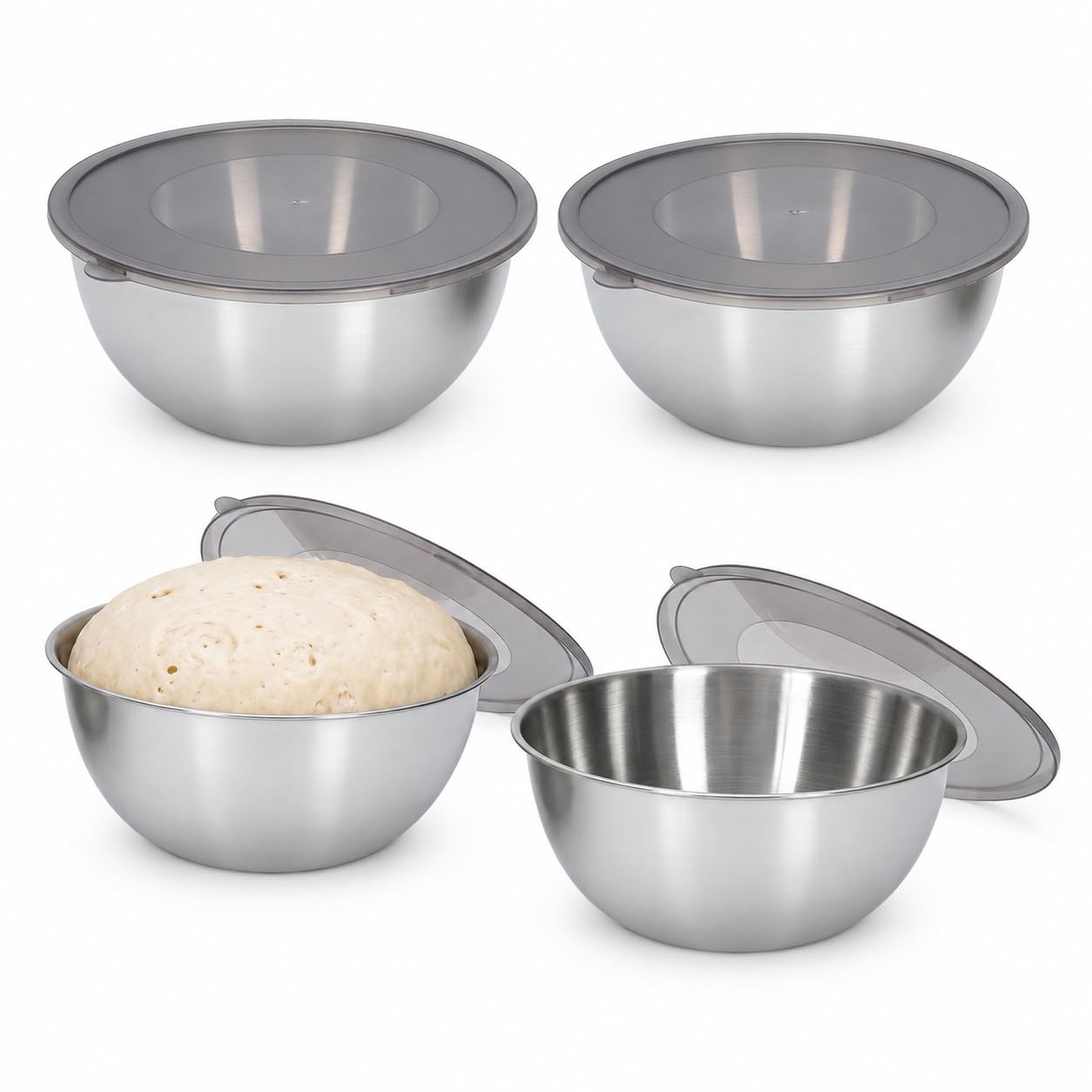 Cuencos de acero inoxidable con tapa, juego de 4 para cocina, pasta y ensalada | Aspecto de metal cepillado, cocina y pastelería, apilable con protección, para reposar masa, preparación y nevera
