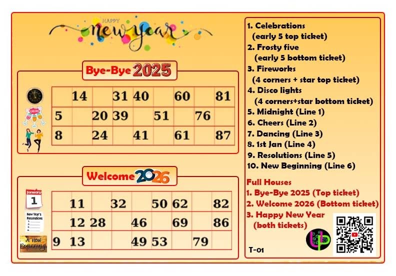 Image of Happy New Year Tambola Tickets 2026-2S Theme | English | Fun & Engaging Bingo Housie Card Game for Kitty Parties, Friends & Family Gatherings (Set of 15 Tickets)