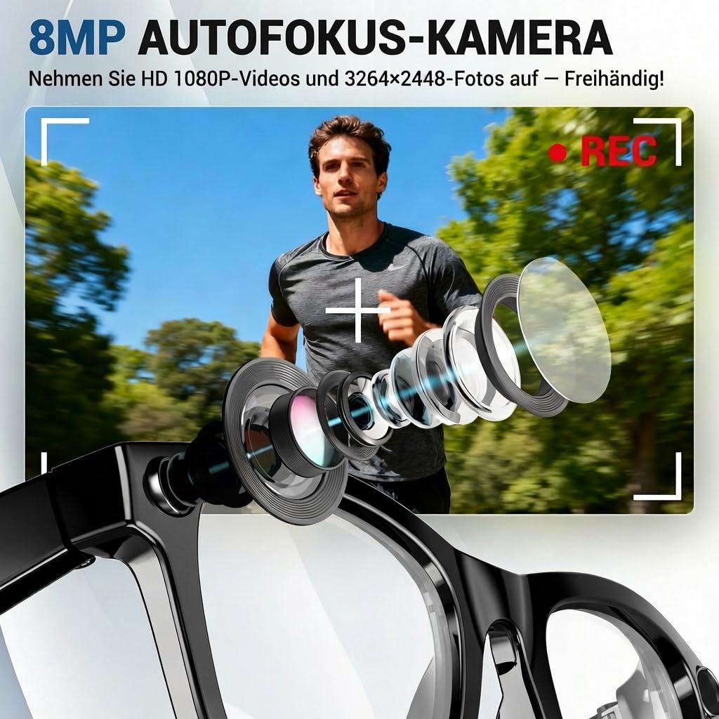 Brille mit Kamera, 8 MP 1080P Smart Glasses Dual-Core-Prozessor mit KI-Assistent für Echtzeitübersetzungen, 410 mAh für 16 Stunden Standby-Zeit, WLAN Bluetooth Intelligente Brille