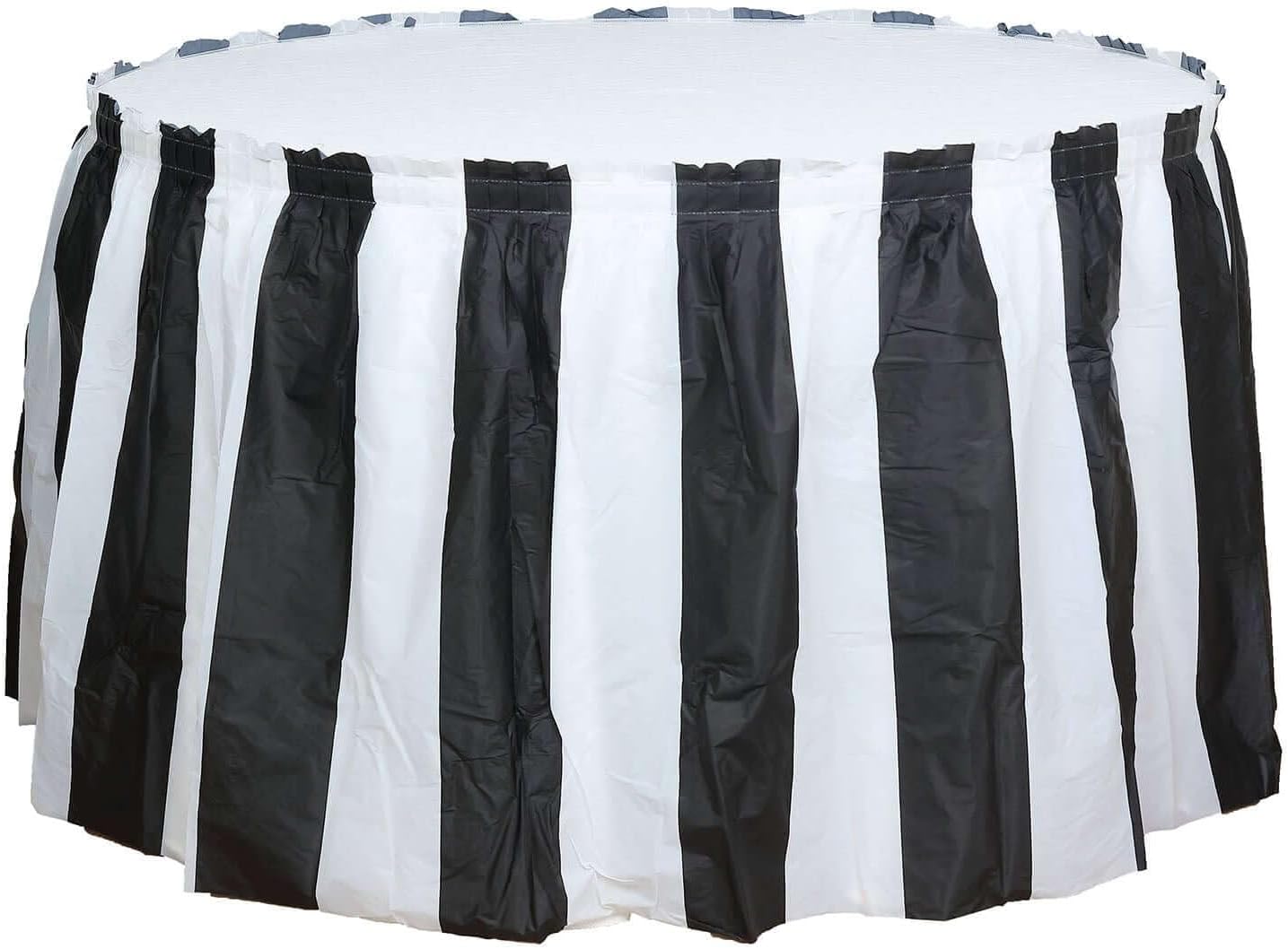 Efavormart 5 Pack 14FT Stripe Plastic Table Skirts 10 Mil Thick - Black and White Ruffled Disposable Table Skirting for Large Events and Catering