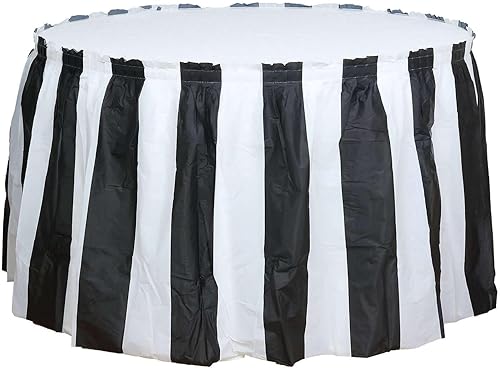 Miniatura 3 de Efavormart - Faldas de mesa de plástico a rayas, 14 pies y 10 mil de grosor, falda de mesa desechable a prueba de derrames, color blanco y negro