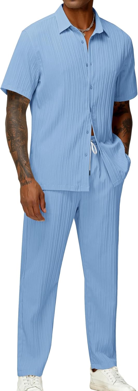 LecGee Men’s 2 Piece Vertical Striped Textured Outfits Summer Casual Button Down Shirts And Pants Matching Sets