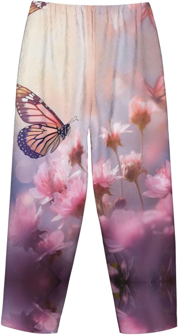 Pink Flower Print Cozy Christmas Pajama Pants,Flannel Pajama Bottoms,Cater To Various Body Types