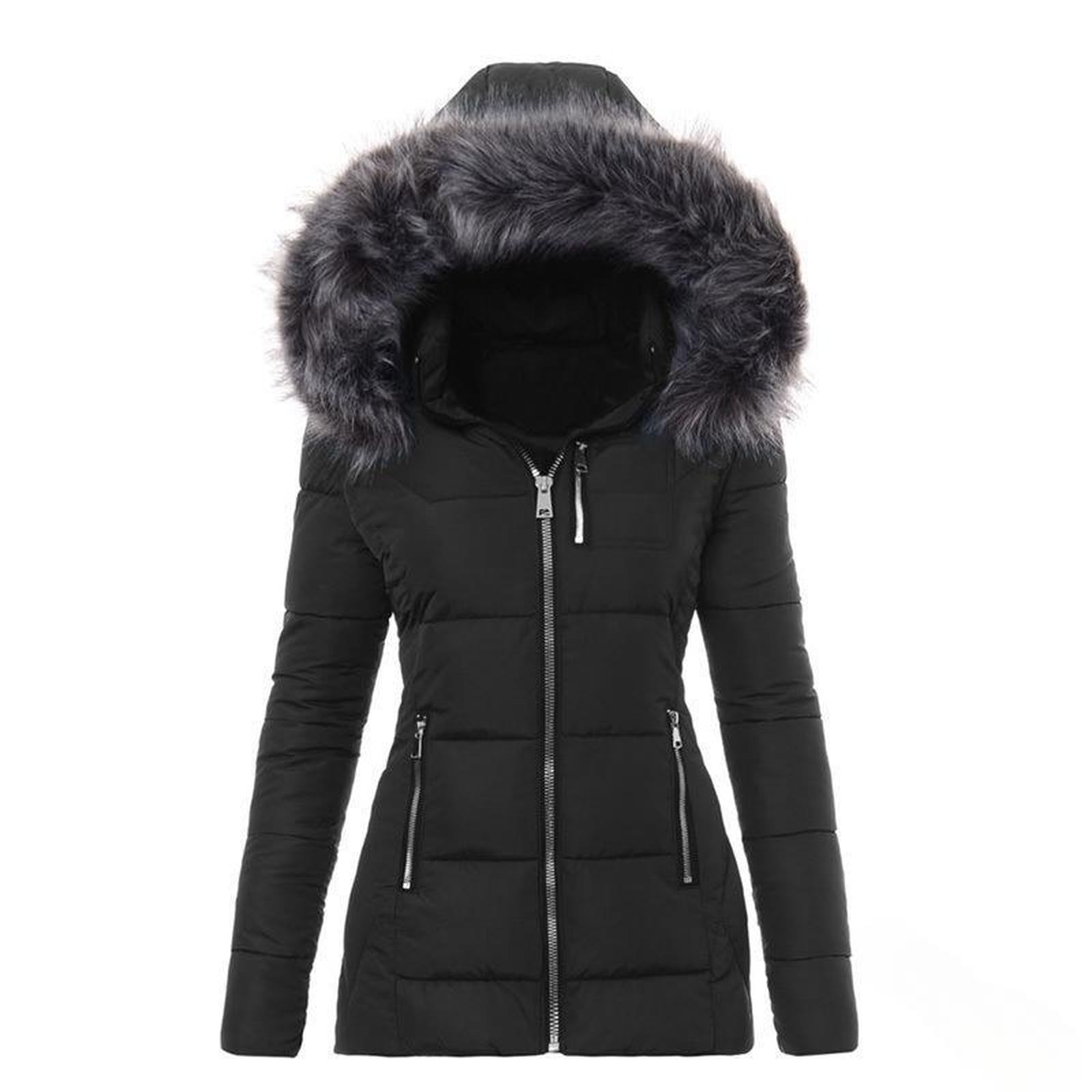 Generisch Winterjacke Damen Lange Fleece Gefüttert Warm Wintermantel Wasserdicht Winddicht Damen-Jacken Dicke Winterparka Elegant Weich Fleecejacke Plüschjacke mit Fellkapuze, Taschen