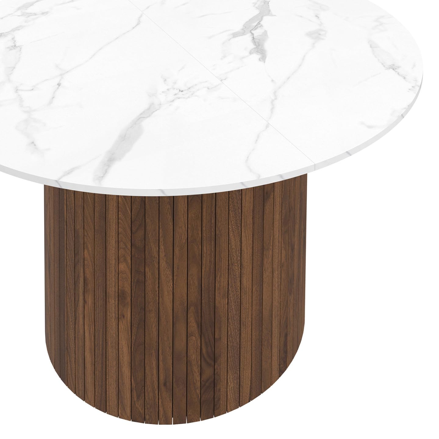 IDMarket – Mesa de comedor redonda Julieta para 6 personas, pie central, efecto lamado, nogal y bandeja efecto mármol, color blanco Alaska