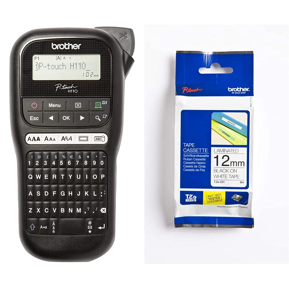 Brother PT-H110 Etichettatrice Palmare per Casa e Ufficio, fino a 12 mm + Nastro Laminato TZE231, 12 mm, Nero su Bianco
