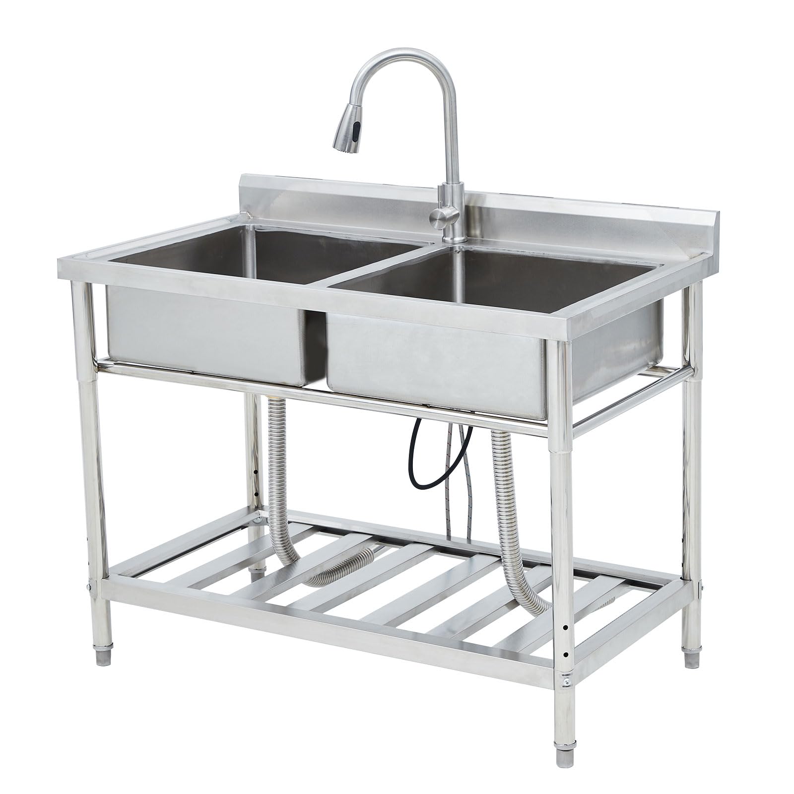 AffinityFurn Stainless Steel Utility Sink Double Bowl, NSF Certified 304 Freestanding Commercial Restaurant Sink with Adjustable Legs and Faucet, for Garden, Kitchen, Laundry Room, Garage, 43x25x35in