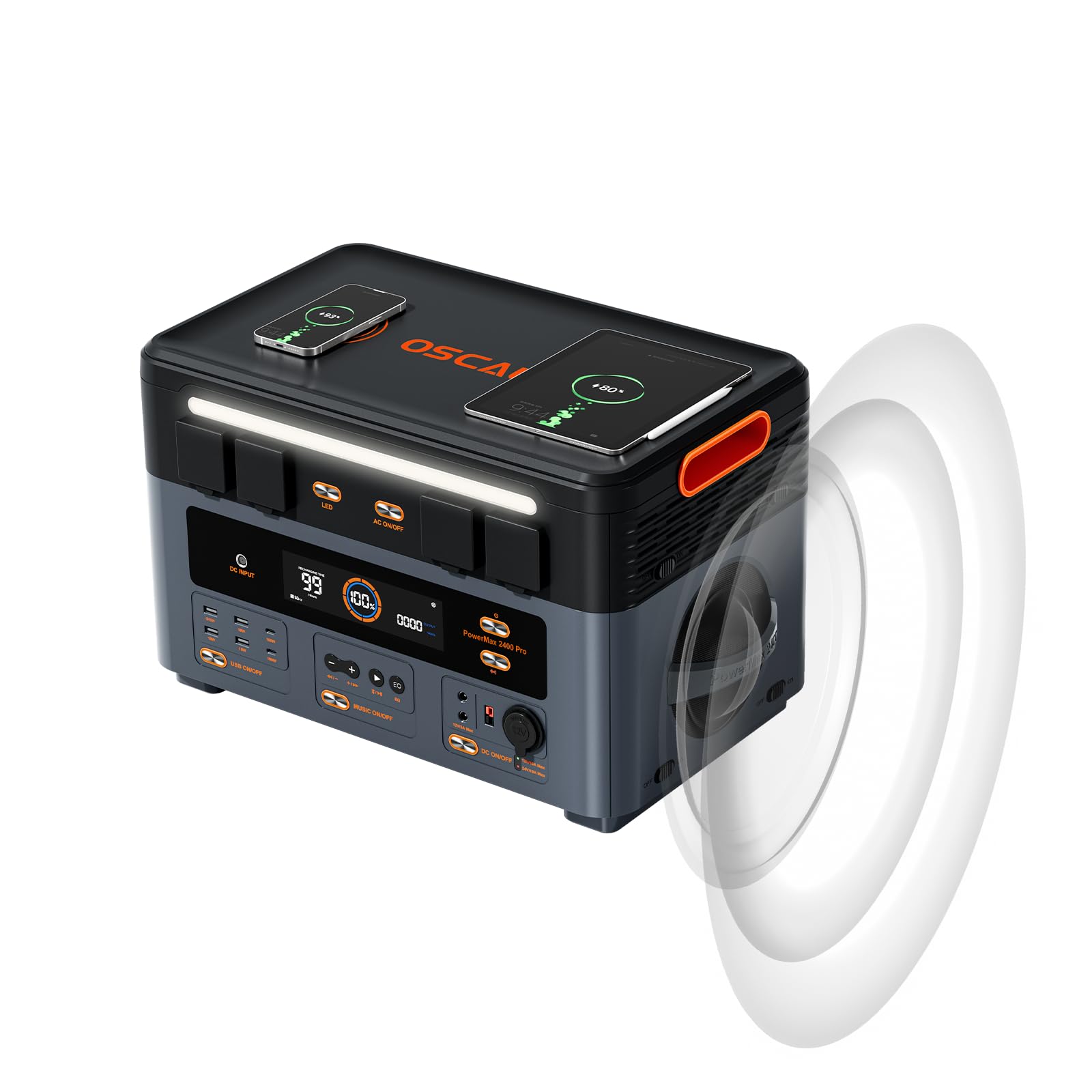 OSCAL PowerMax 2400Pro Centrale Elettrica Portatile (Modello 2025 aggiornato), batteria LiFePO4 2016 Wh, 2400W(Picco 4800W), on/off grid, Due altoparlanti, UPS 5ms, ideale per camp/camper/emergenze