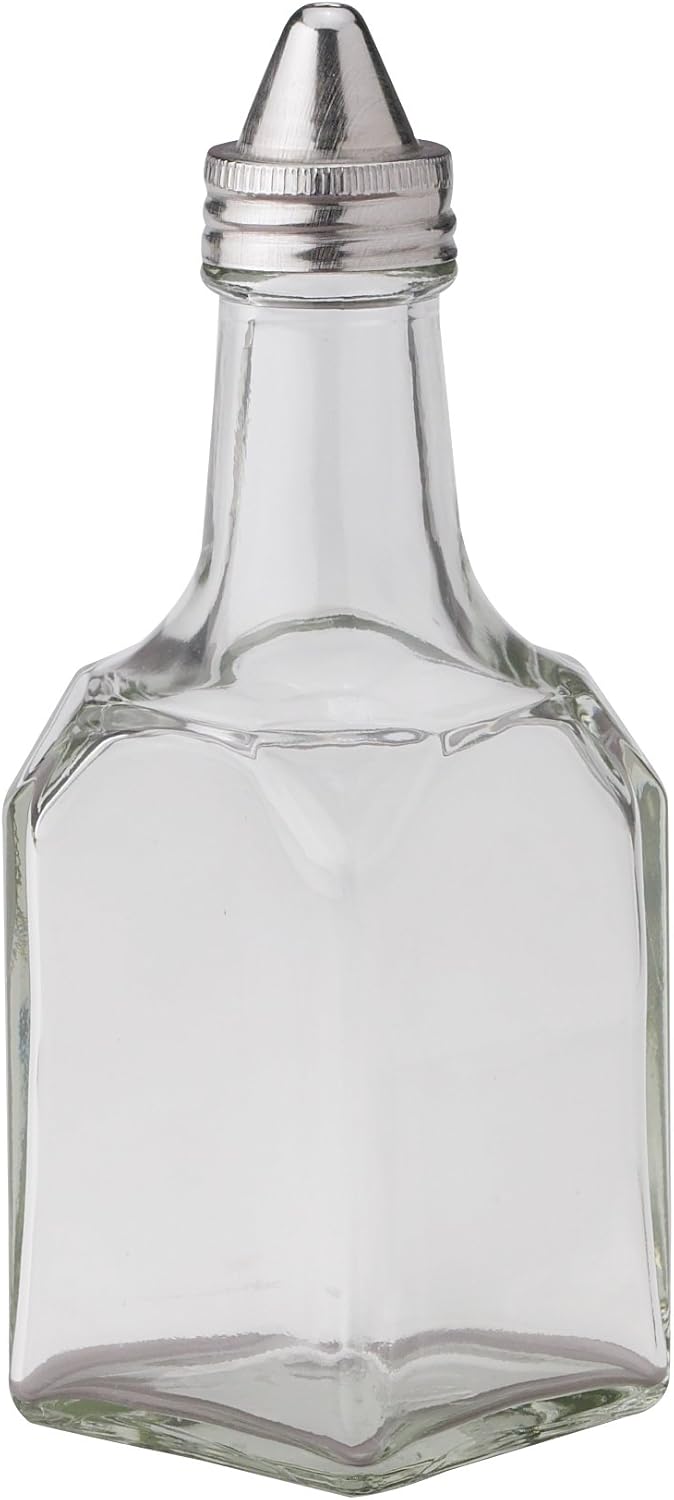 HIC Kitchen Square Glass Cruet with Spout - 5.5oz Stainless Steel Oil Vinegar Dispenser, Dishwasher Safe