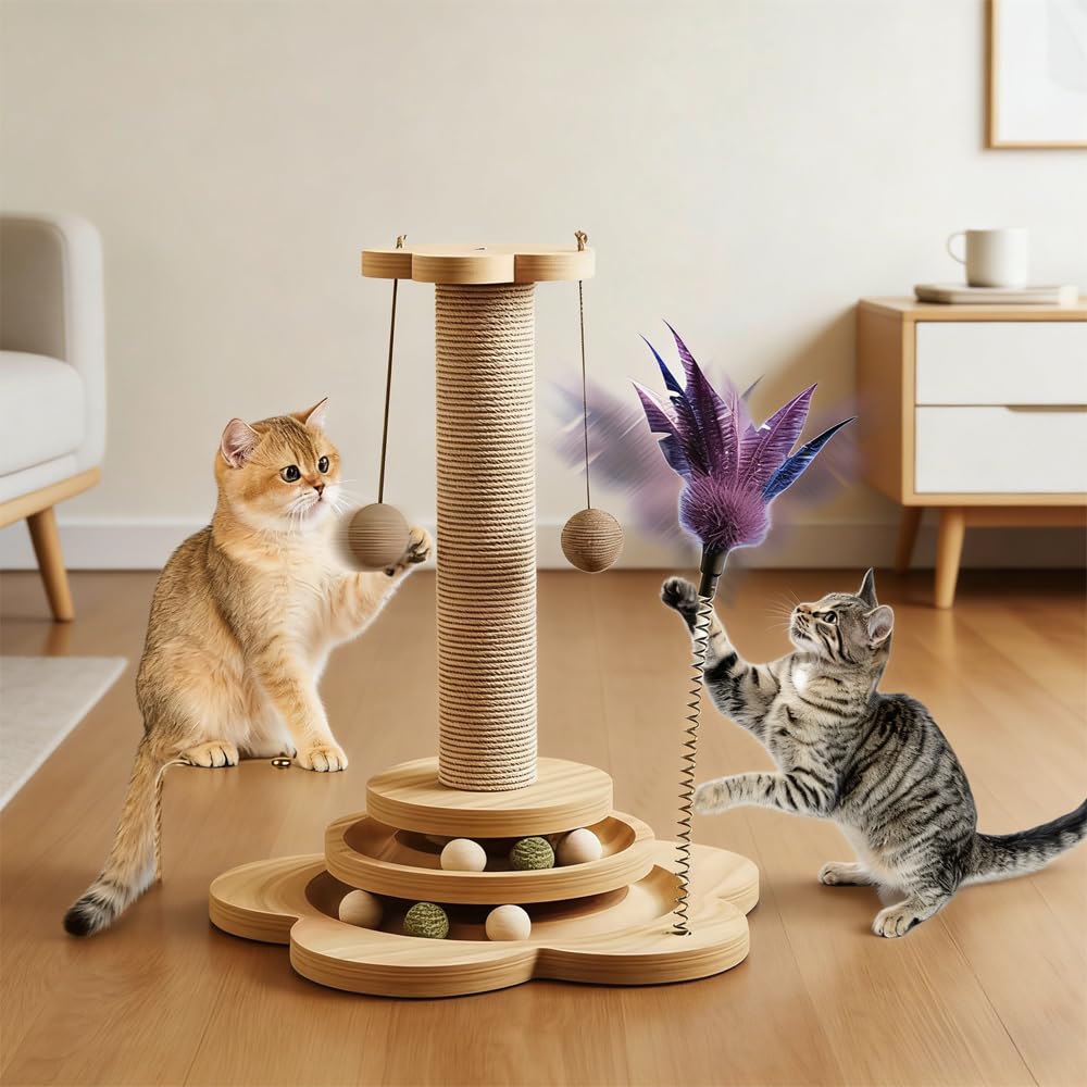 Jouet pour Chat Intérieur en Bois 4 en1,50CM Colonne De Griffe D'intérieur en Bois,Arbre à Chat avec Jouets,Arbre à Griffoir Corde en sisal avec Balle Tournante, Plumes, pour Chats