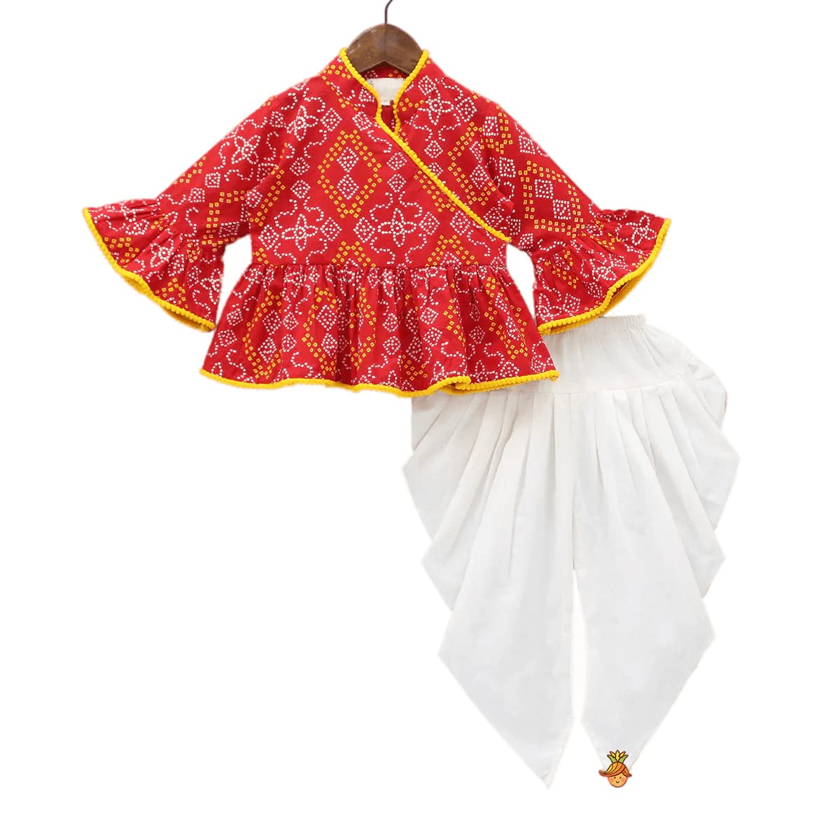 Dshop Girl's Rayon Printed Readymade Red Bandhani Top And Dhoti Set