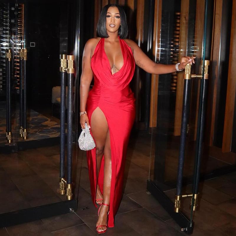 Women's Sexy Halter Sleeveless Summer Dress Backless Deep V Neck High Slit Bodycon Maxi Dresses Party Gowns Clubwear2