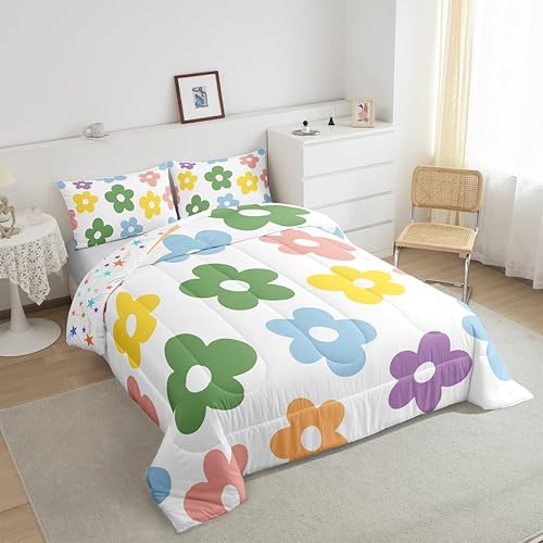 Miniatura 4 de Feelyou Juego de ropa de cama retro de flores hippie tamaño individual para niños y niñas, 60S y 70S, juego de edredón Groovy para niños, vintage,