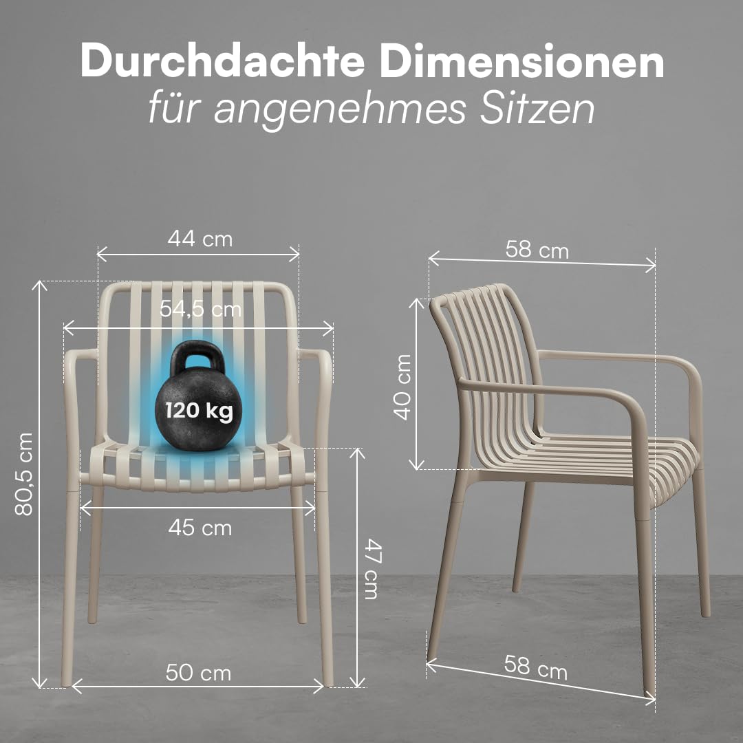 STEELSØN Pincoya Gartenstühle 4er Set – Outdoor Loungesessel Taupe – stapelbarer Balkonstuhl wetterfest & UV-beständig – Gartensessel aus Kunststoff bis 120 kg – Armlehnenstuhl Garten/Balkon/Terrasse
