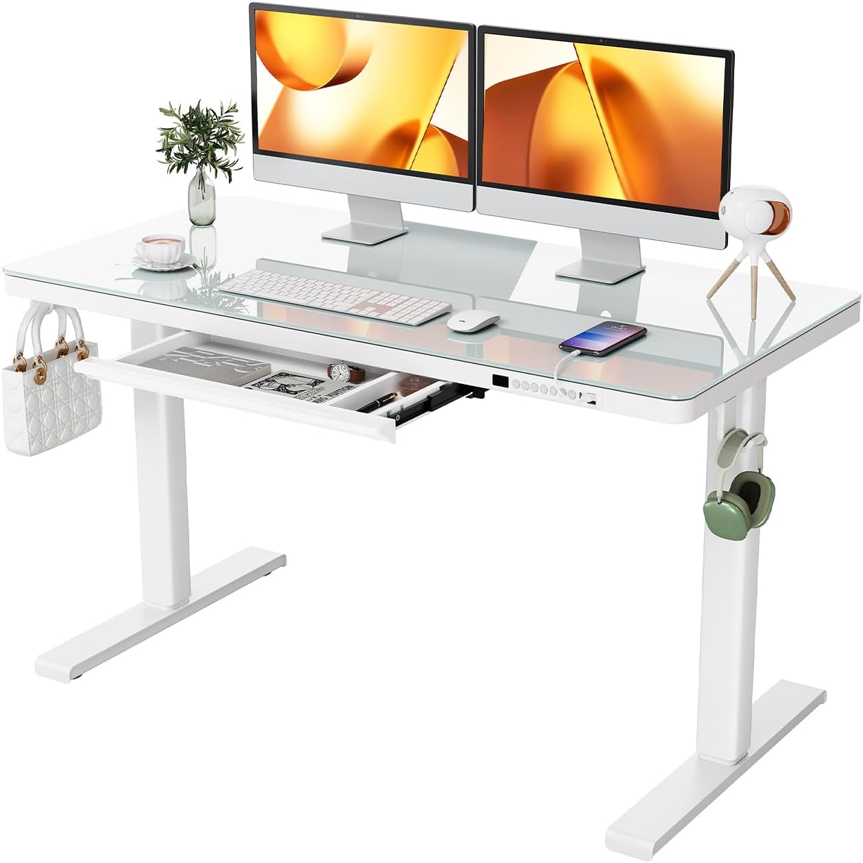 ErGear Dual Motor Electric Standing Desk with Drawers,48x24 Inch Whole-Piece Glass Desktop Quick Install,Height Adjustable Stand up Sit Stand Home Office Ergonomic Workstation with USB Charging Ports
