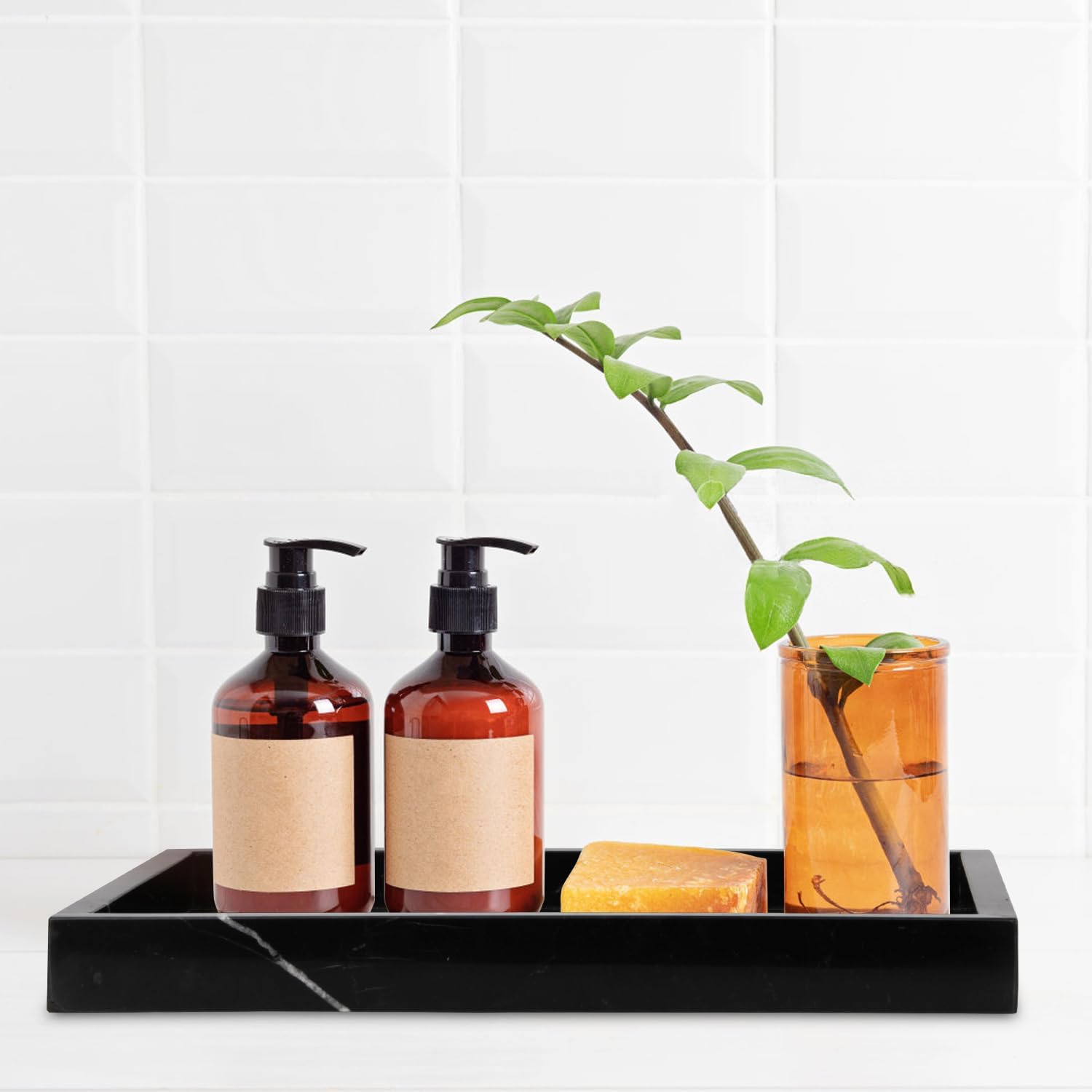 Plateau de Salle de Bain Plateau Marbre Naturel Luxueux Polyvalent Plateaux Décoratif pour Cosmétiques, Plans de Travail, Cuisine, Clés, Café, Parfum, Bijoux (Noire et Blanche, 30 x 20 x 3 cm)