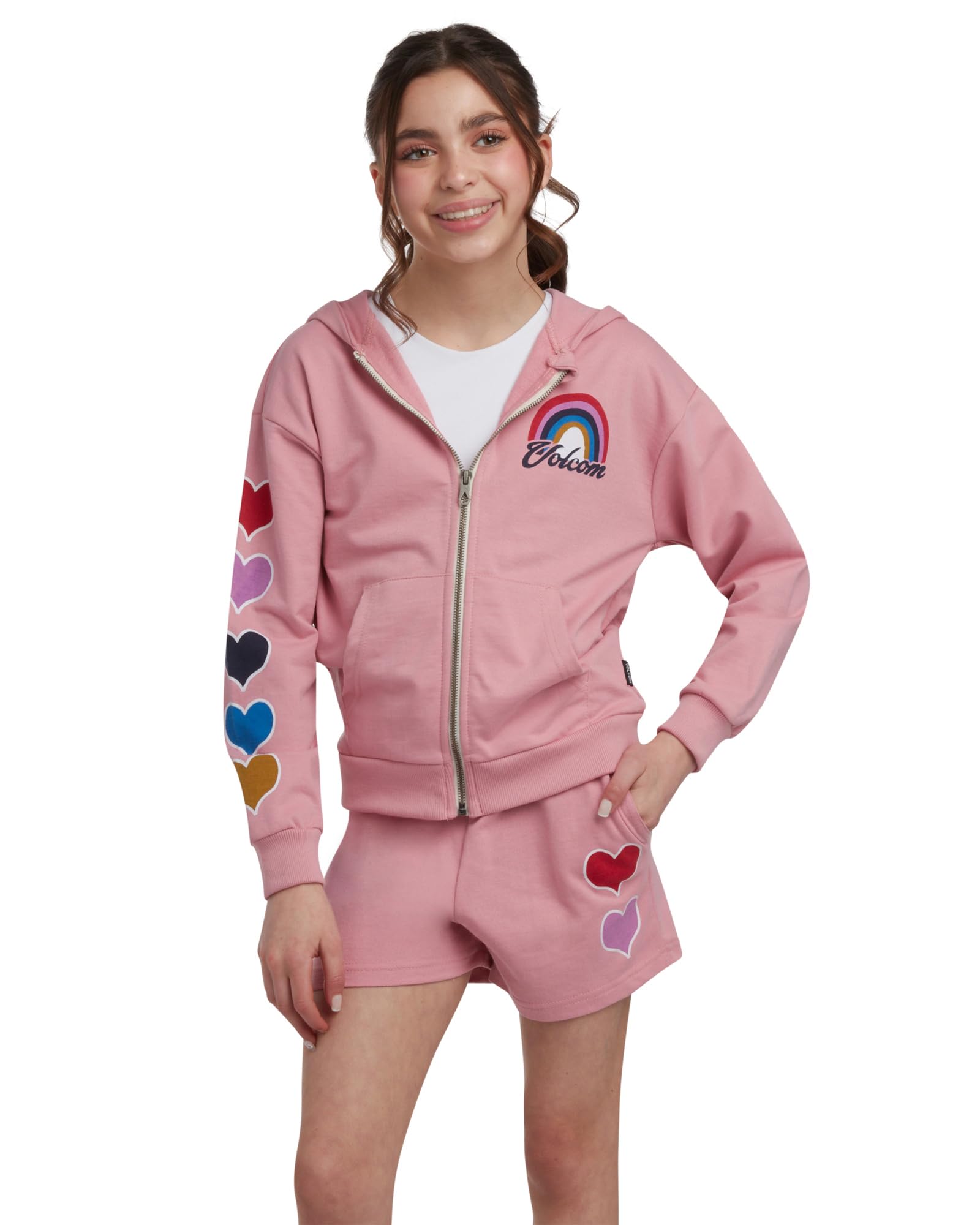 Volcom Girl's Sweatsuit Set - Long Sleeve Full Zip Up Hoodie Sweatshirt and Sweat Shorts Set for Girls (Sizes: 4-12)